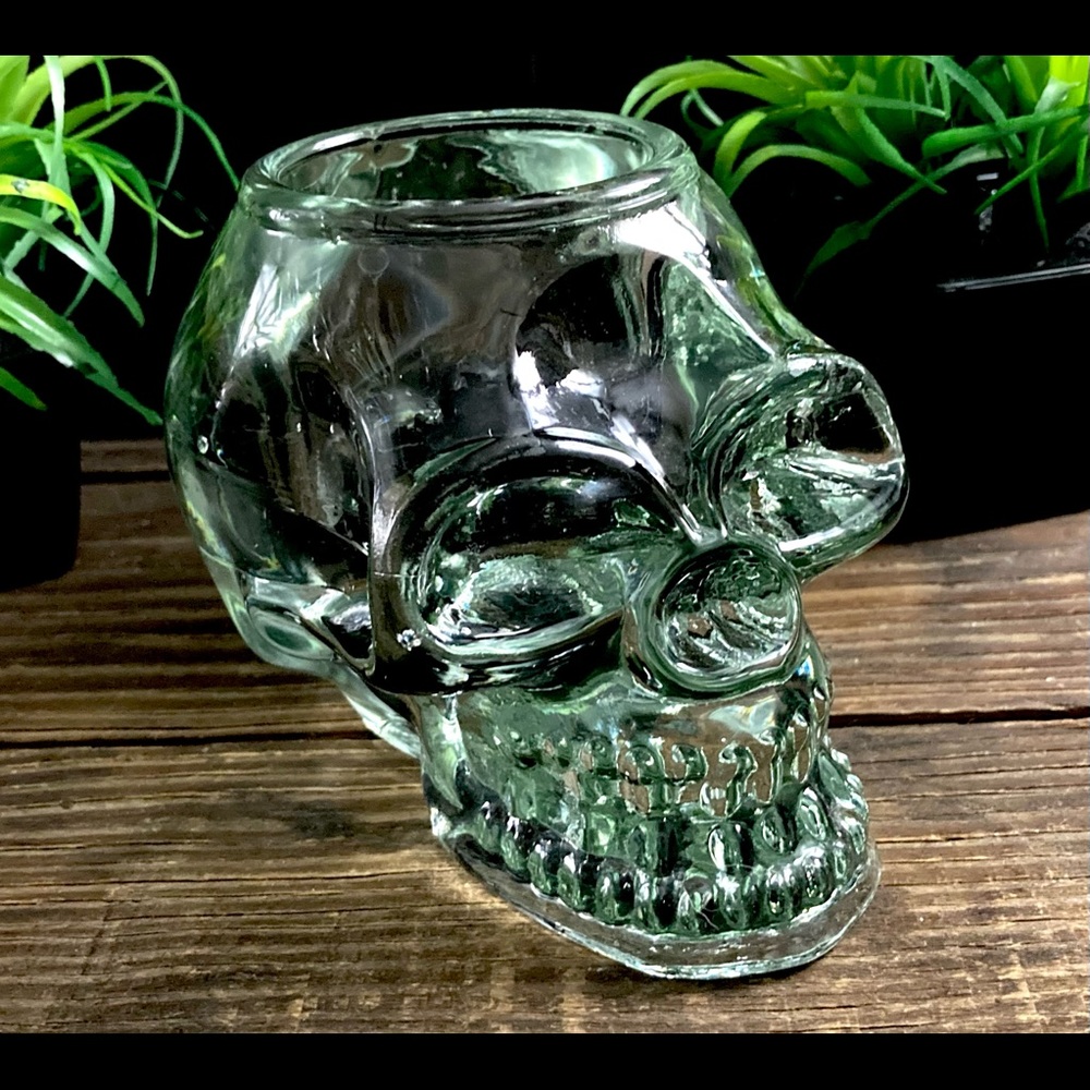 Glass Votive Crystal Skull Green Clear Glass Tea Light Holder Halloween